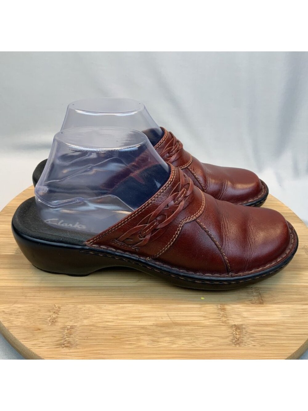 Clark’s Mules Size 7 Women’s Leather Low Wedge Clogs Comfort Shoes Reddish Brown